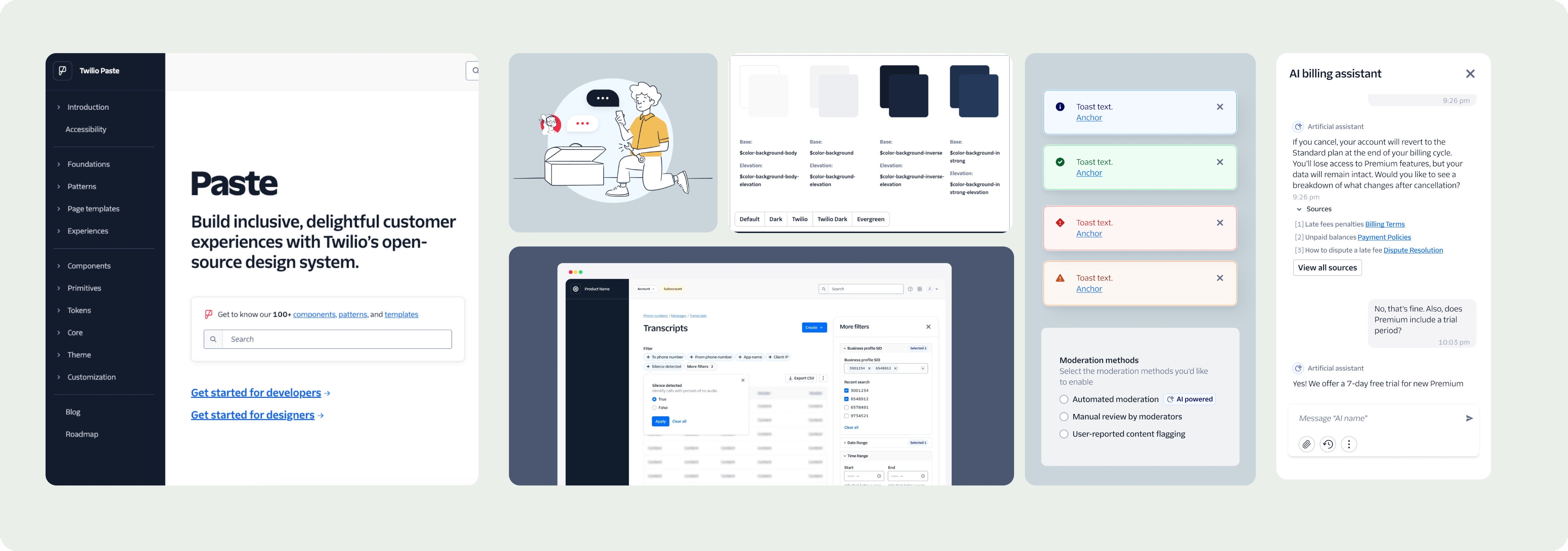 Collage of Paste design system documentation, components, and product interfaces